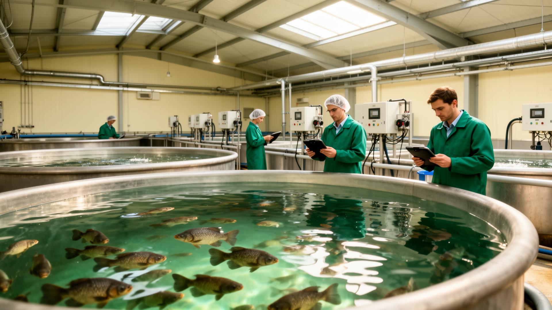 Modern indoor aquaculture facility with circular fish tanks and staff monitoring with tablets